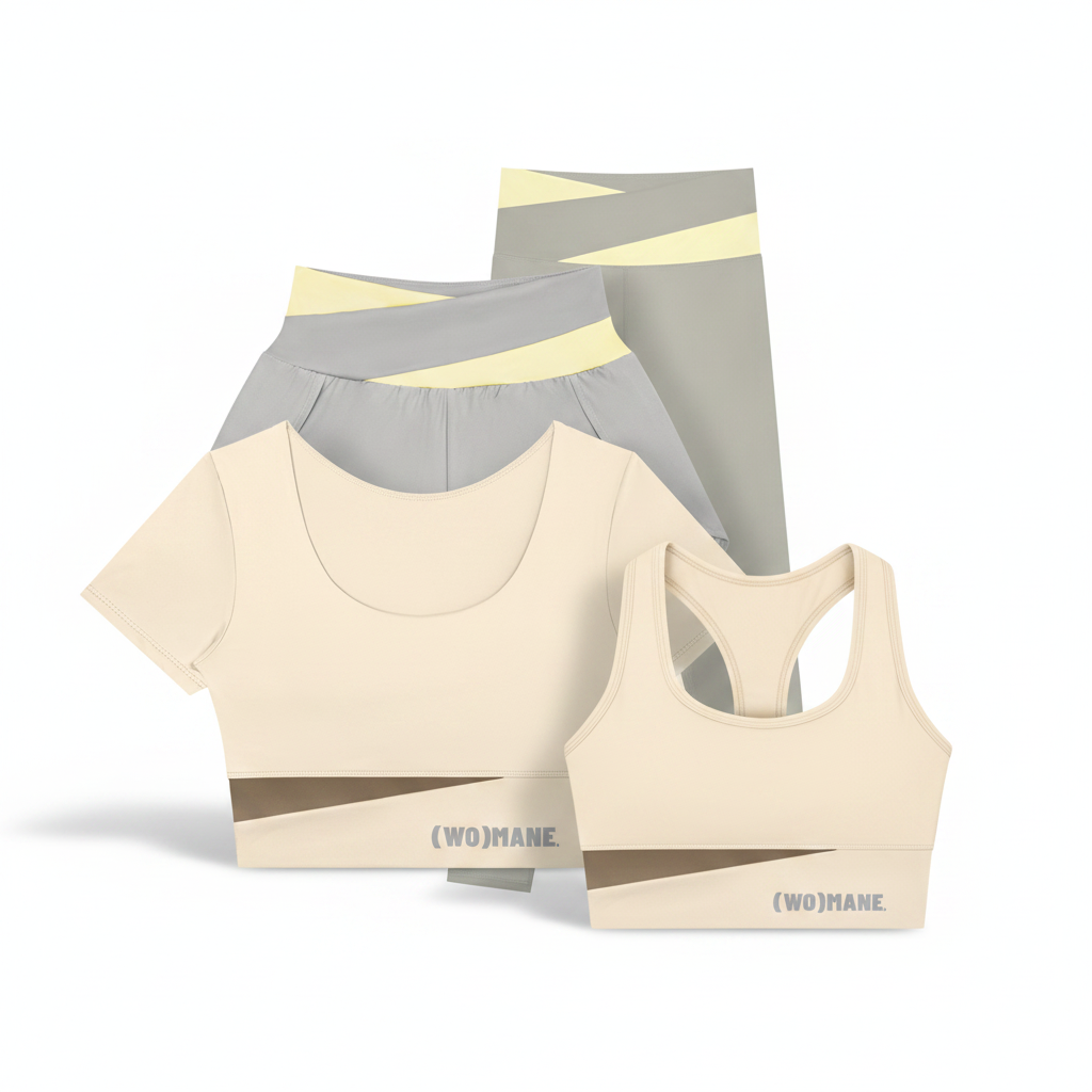 AI-generated styling illustration of WOMANE Bone and Stone performance garments
