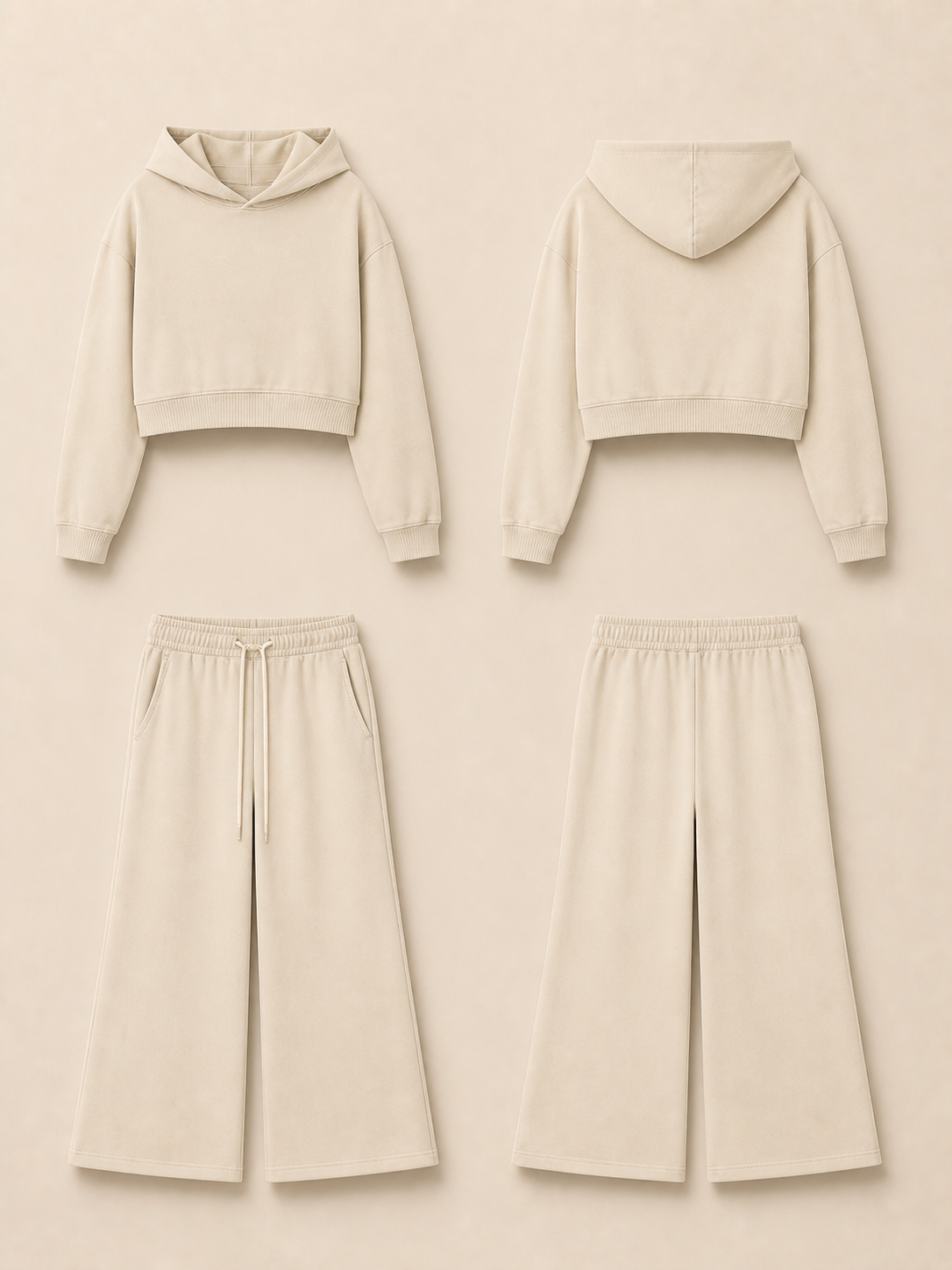 AI-generated styling illustration of the WOMANE Bone cotton hoodie and sweatpants
