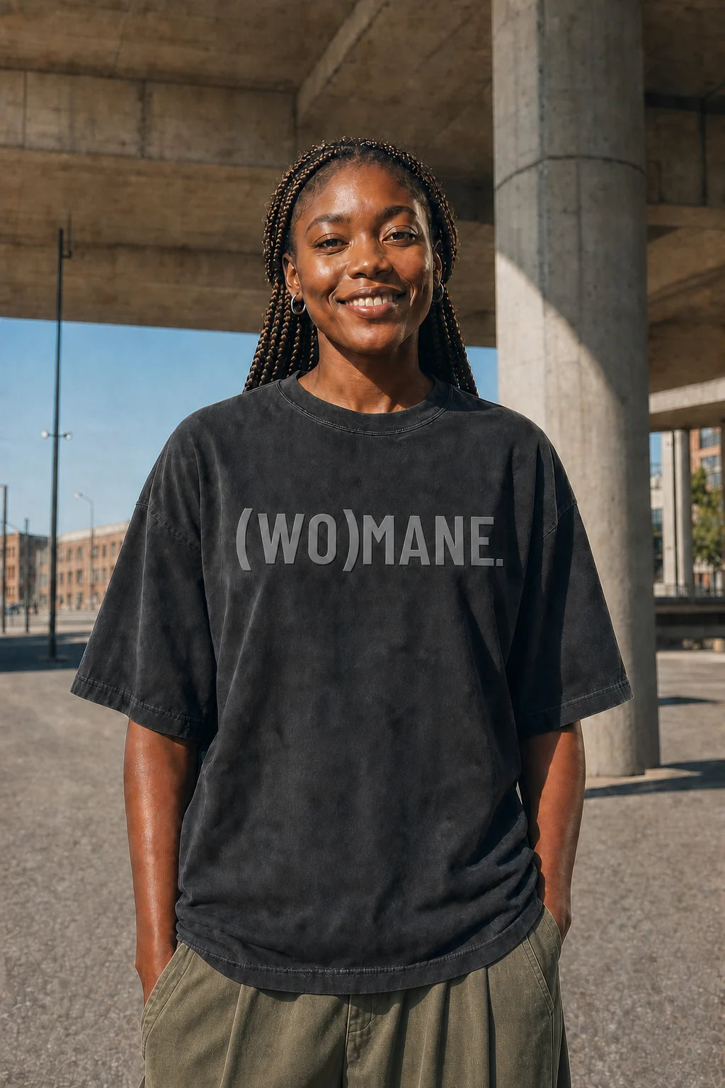 Black woman wearing a black (WO)MANE. dimensional wordmark tee